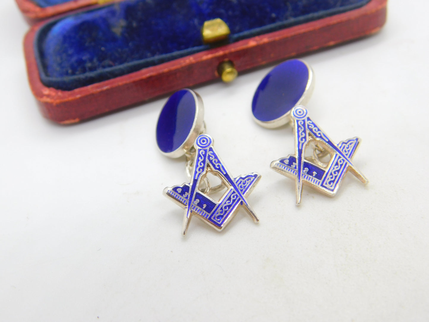 Pair of Sterling Silver Blue Enamel Masonic Compass Cufflinks Vintage c1960