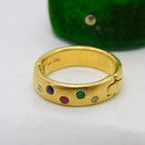 18ct Yellow Gold, Diamond, Emerald, Ruby & Sapphire Dress Ring Vintage c1990
