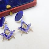 Pair of Sterling Silver Blue Enamel Masonic Compass Cufflinks Vintage c1960