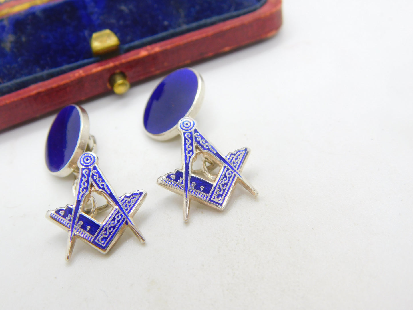 Pair of Sterling Silver Blue Enamel Masonic Compass Cufflinks Vintage c1960