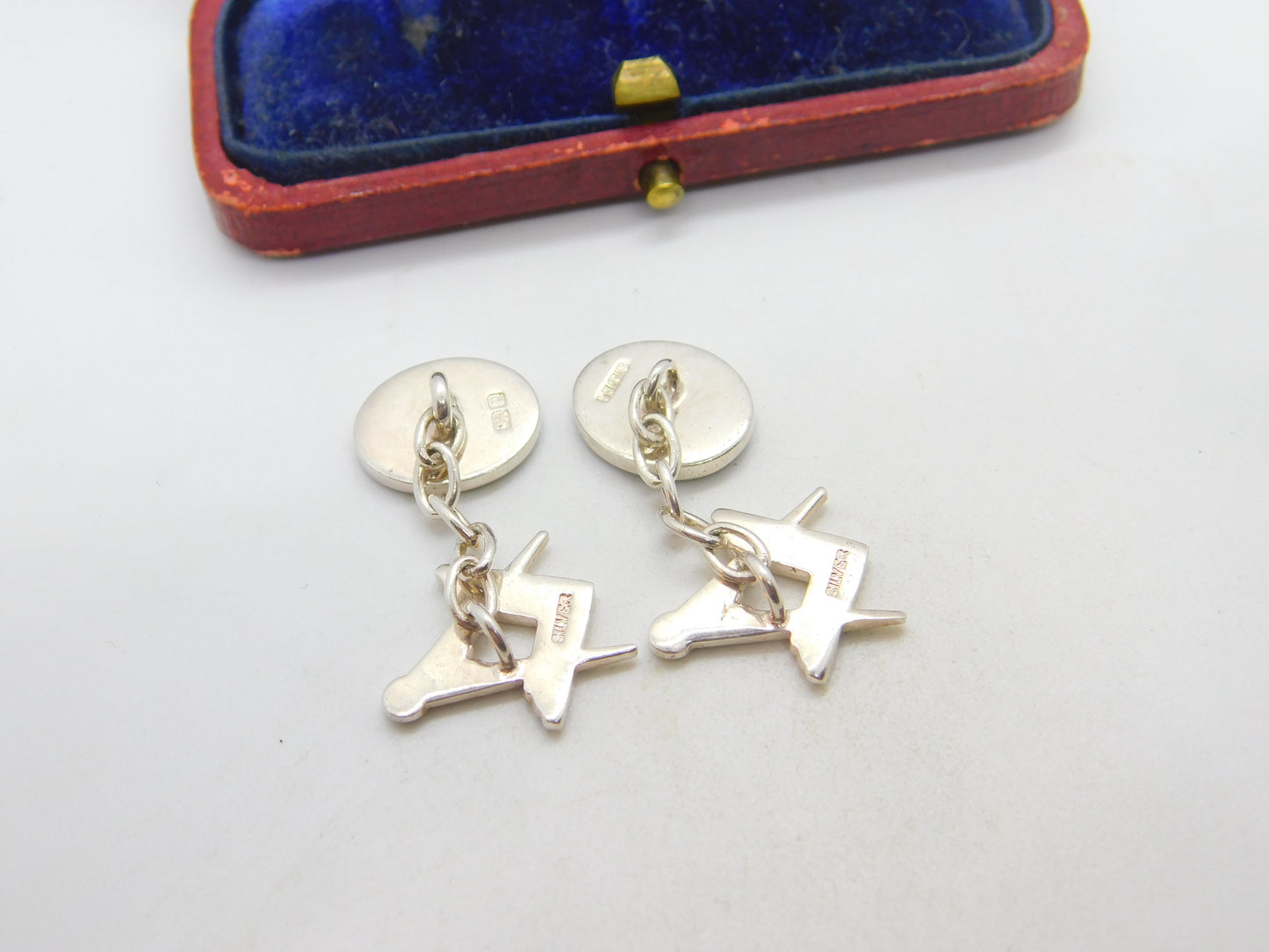 Pair of Sterling Silver Blue Enamel Masonic Compass Cufflinks Vintage c1960