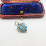 Sterling Silver Pave Set Turquoise & Seed Pearl Puffy Heart Pendant Antique 1920
