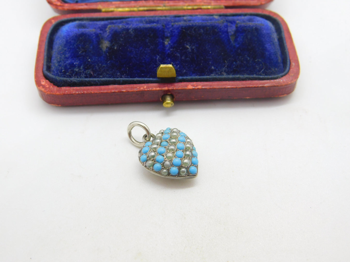 Sterling Silver Pave Set Turquoise & Seed Pearl Puffy Heart Pendant Antique 1920