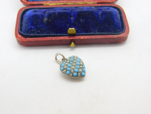 Sterling Silver Pave Set Turquoise & Seed Pearl Puffy Heart Pendant Antique 1920