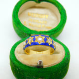 Victorian 18ct Yellow Gold, 0.2ct Diamond, Pearl, Blue Enamel Ring Antique c1860