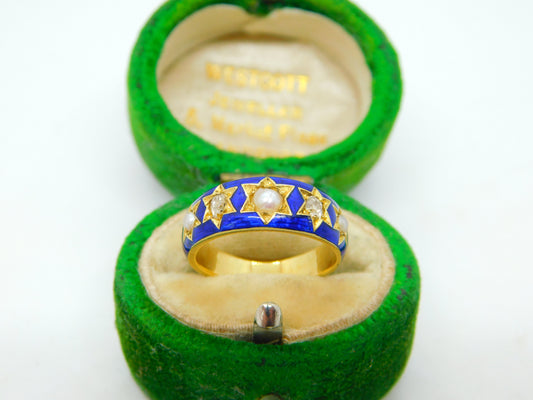 Victorian 18ct Yellow Gold, 0.2ct Diamond, Pearl, Blue Enamel Ring Antique c1860