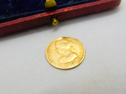 21ct Gold Isabel II Spanish 2 Escudos Coin 1863 Antique Fair Condition