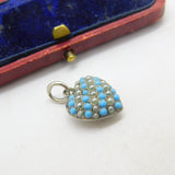 Sterling Silver Pave Set Turquoise & Seed Pearl Puffy Heart Pendant Antique 1920