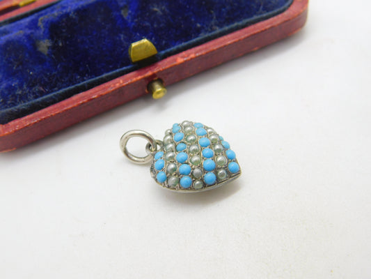 Sterling Silver Pave Set Turquoise & Seed Pearl Puffy Heart Pendant Antique 1920