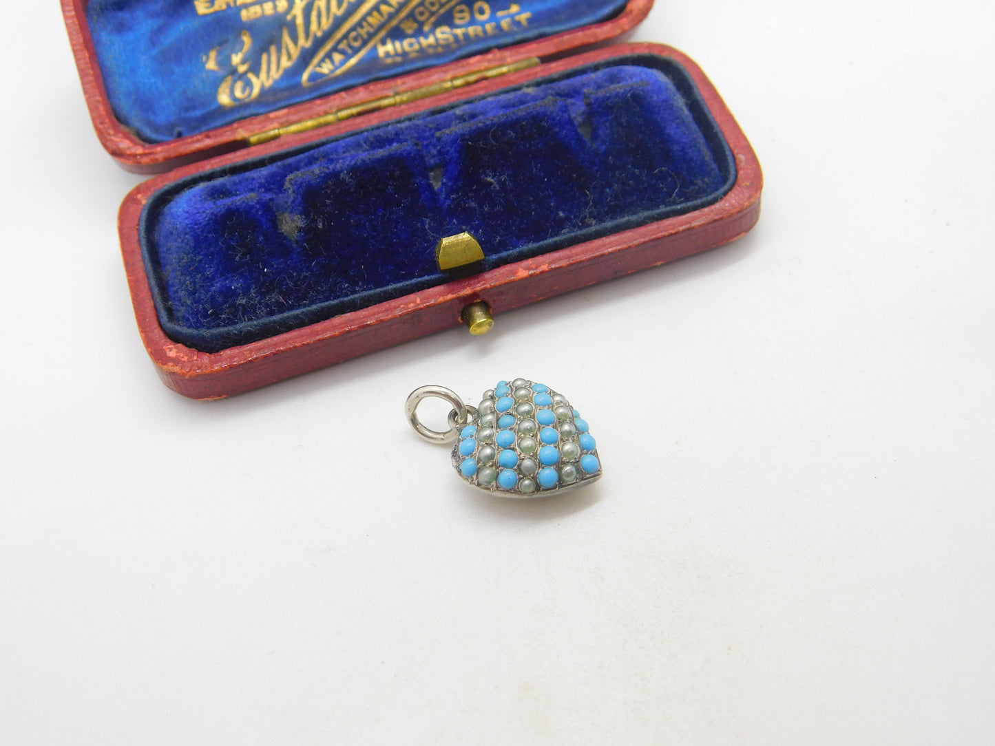 Sterling Silver Pave Set Turquoise & Seed Pearl Puffy Heart Pendant Antique 1920