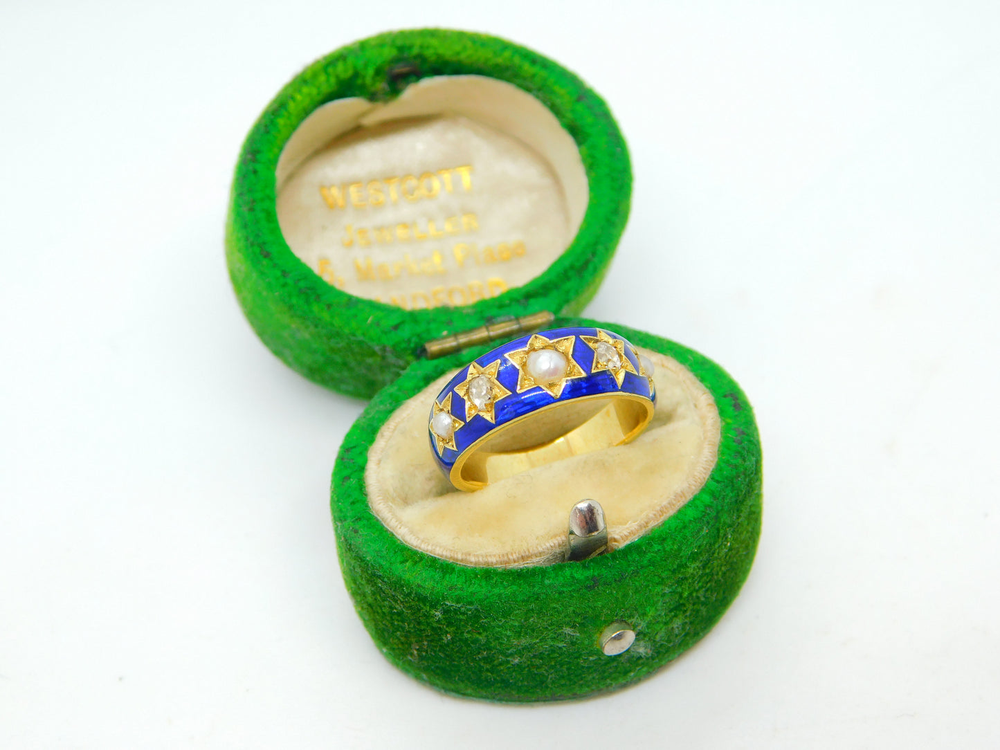 Victorian 18ct Yellow Gold, 0.2ct Diamond, Pearl, Blue Enamel Ring Antique c1860