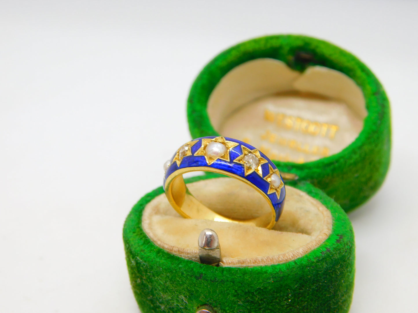 Victorian 18ct Yellow Gold, 0.2ct Diamond, Pearl, Blue Enamel Ring Antique c1860