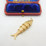 Large 9ct Yellow Gold Articulated Flapping Fish Charm Pendant 1977 London