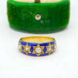 Victorian 18ct Yellow Gold, 0.2ct Diamond, Pearl, Blue Enamel Ring Antique c1860