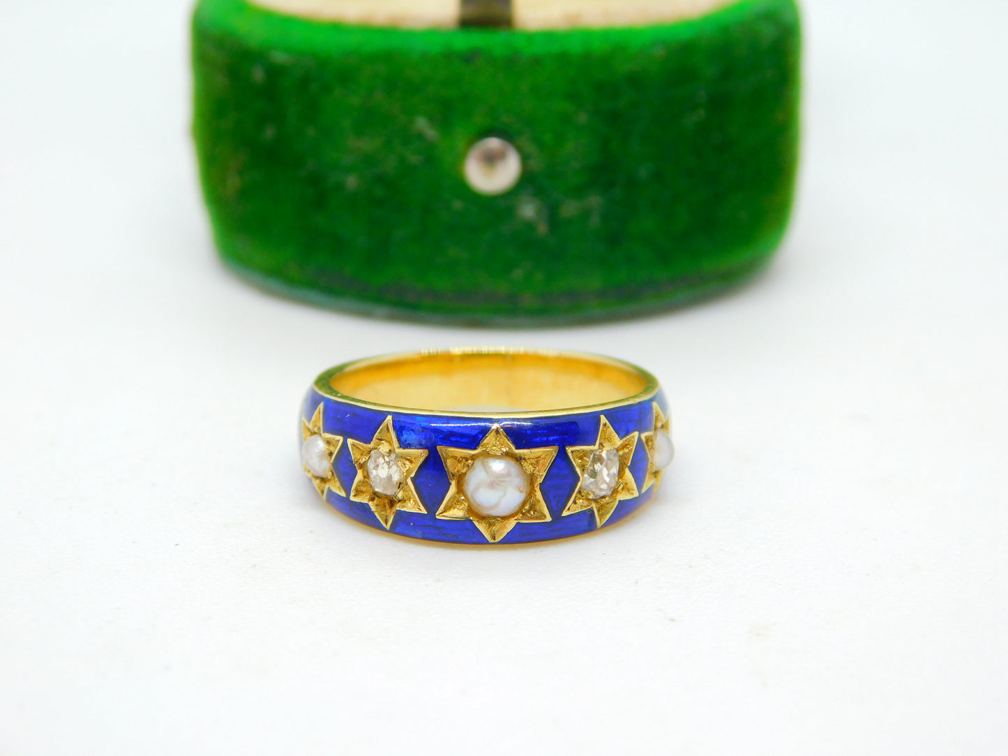 Victorian 18ct Yellow Gold, 0.2ct Diamond, Pearl, Blue Enamel Ring Antique c1860