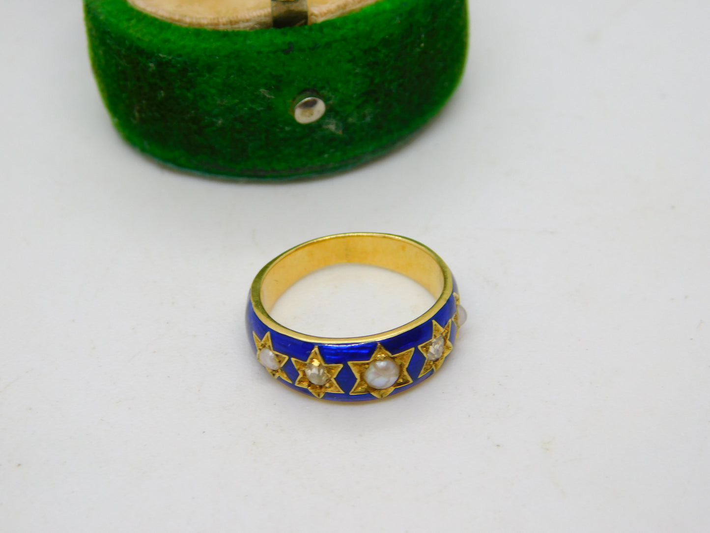 Victorian 18ct Yellow Gold, 0.2ct Diamond, Pearl, Blue Enamel Ring Antique c1860