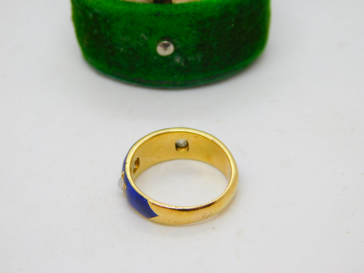 Victorian 18ct Yellow Gold, 0.2ct Diamond, Pearl, Blue Enamel Ring Antique c1860