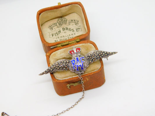 WWII-era Sterling Silver Enamel & Marcasite RAF Wings Sweetheart Brooch Antique