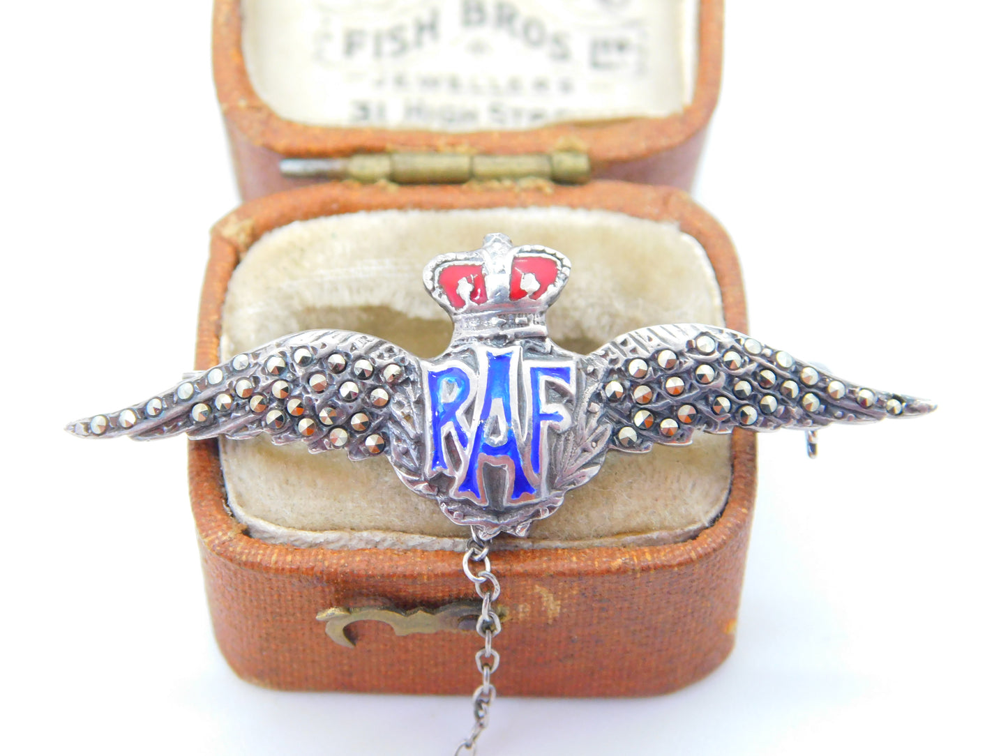 WWII-era Sterling Silver Enamel & Marcasite RAF Wings Sweetheart Brooch Antique