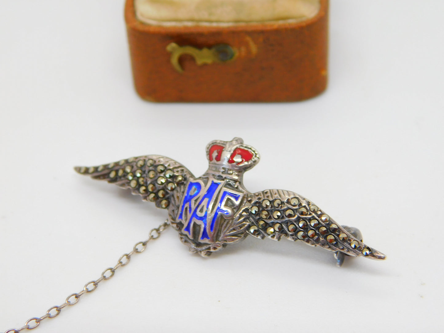 WWII-era Sterling Silver Enamel & Marcasite RAF Wings Sweetheart Brooch Antique