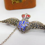 WWII-era Sterling Silver Enamel & Marcasite RAF Wings Sweetheart Brooch Antique