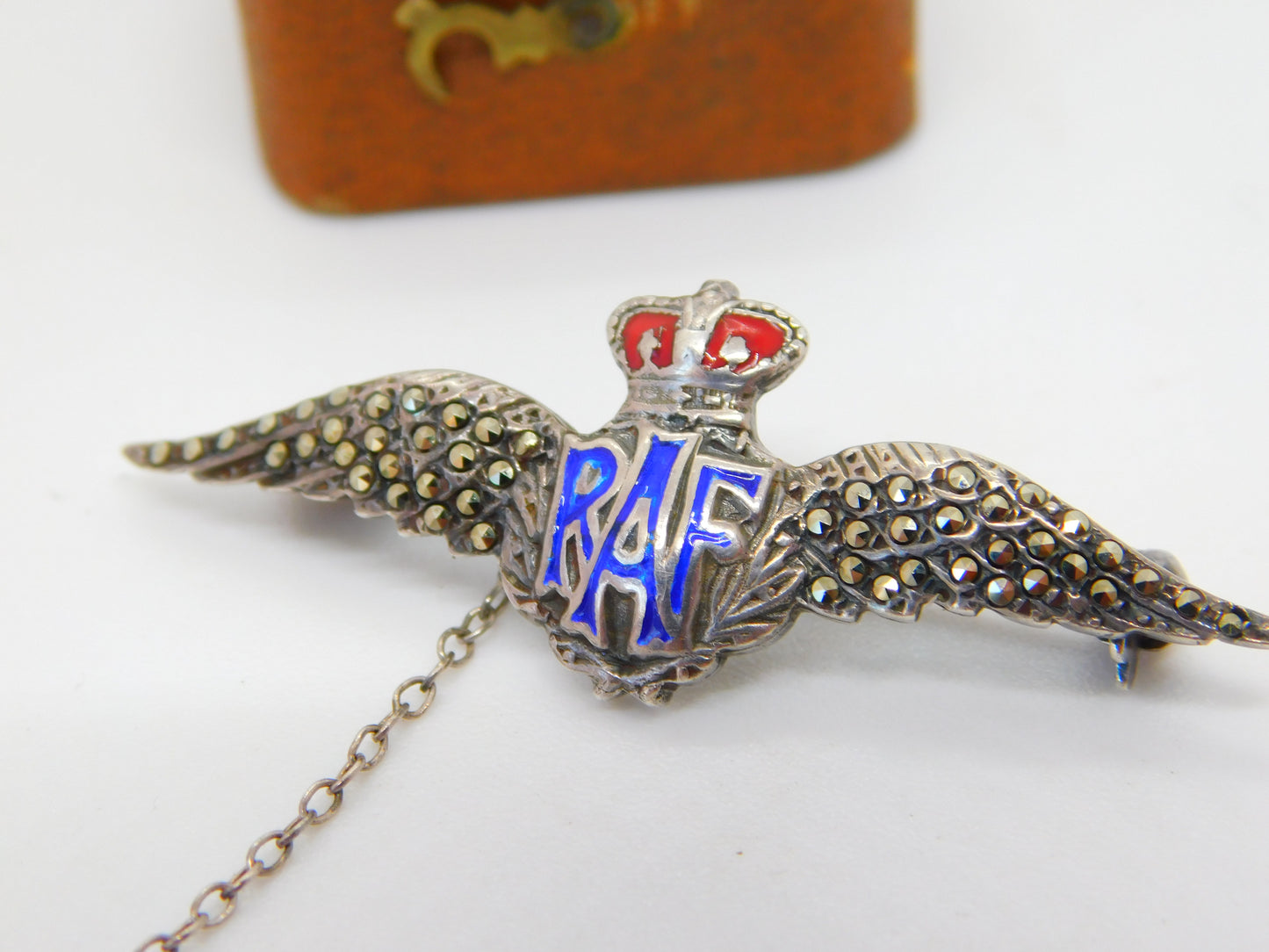 WWII-era Sterling Silver Enamel & Marcasite RAF Wings Sweetheart Brooch Antique