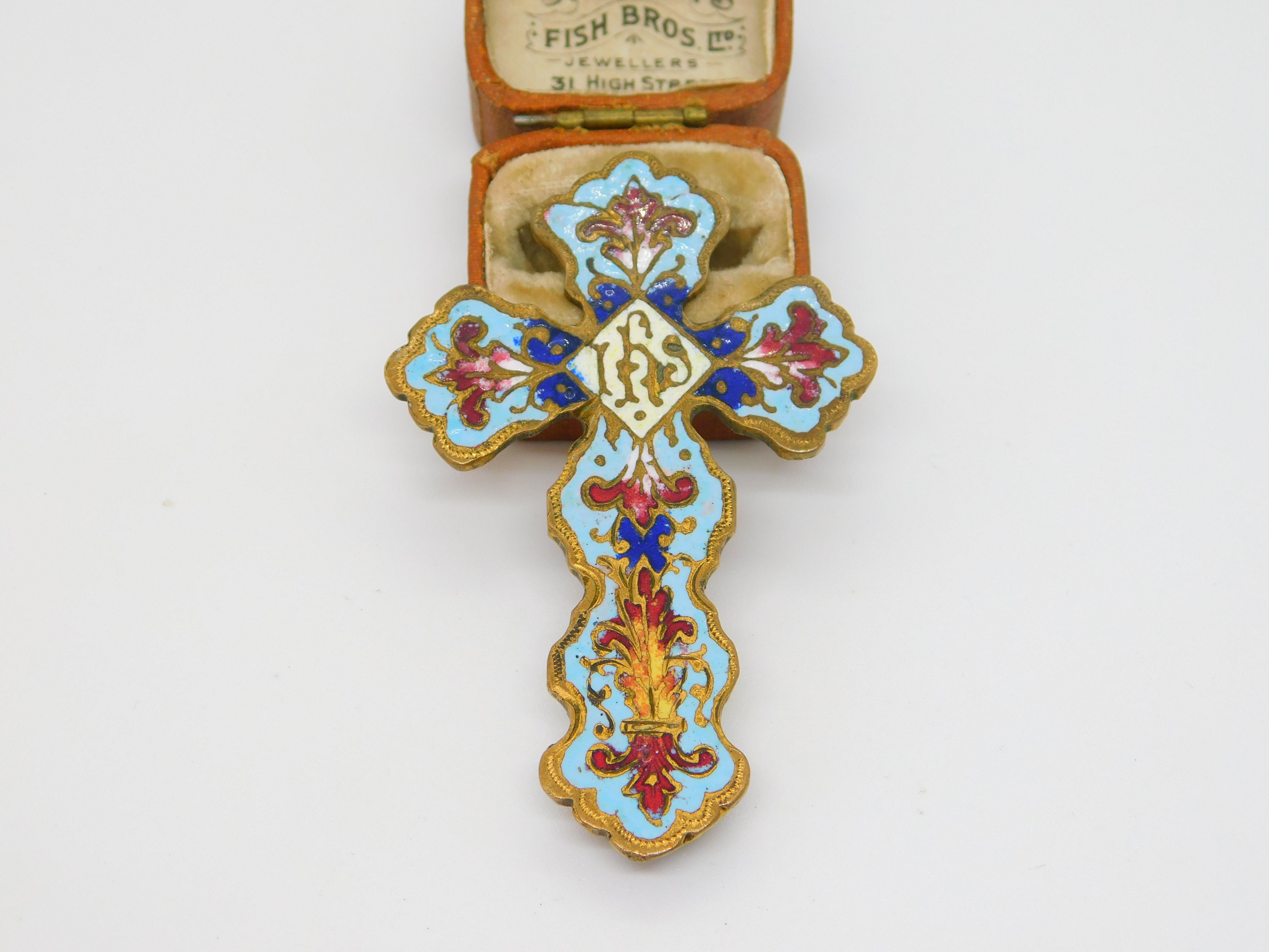 Victorian Gilt Metal Colorful Enamel 'IHS' Religious Cross Finial Anti ...