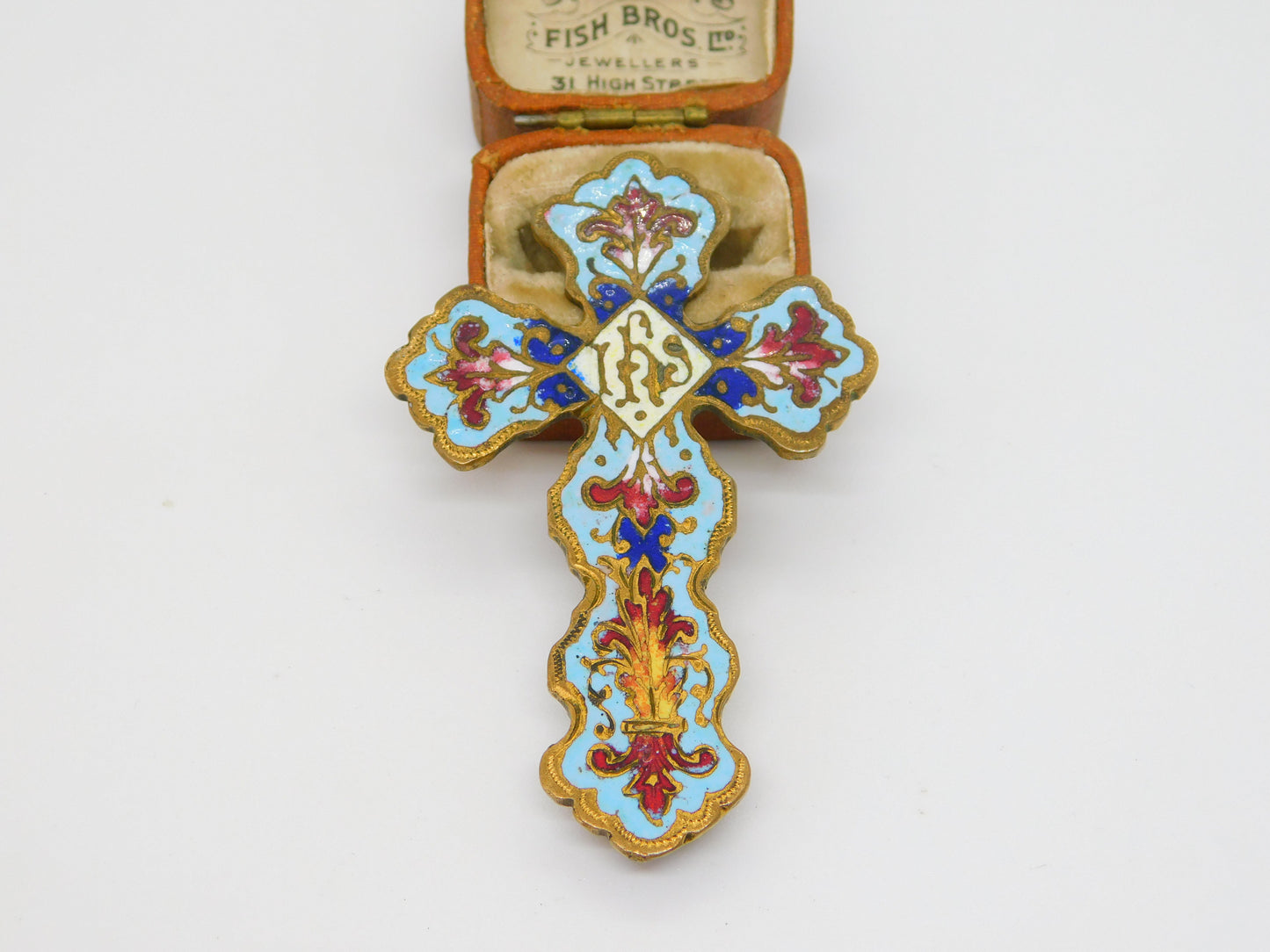 Victorian Gilt Metal Colorful Enamel 'IHS' Religious Cross Finial Antique c1860