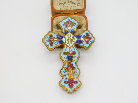 Victorian Gilt Metal Colorful Enamel 'IHS' Religious Cross Finial Antique c1860