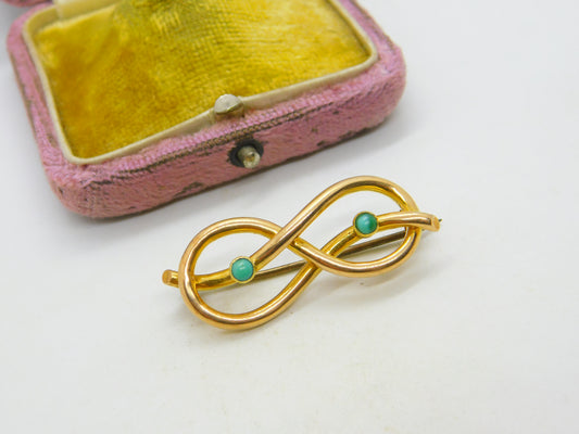 Victorian 15ct Gold & Turquoise Lovers Knot Sweetheart Brooch Antique c1880