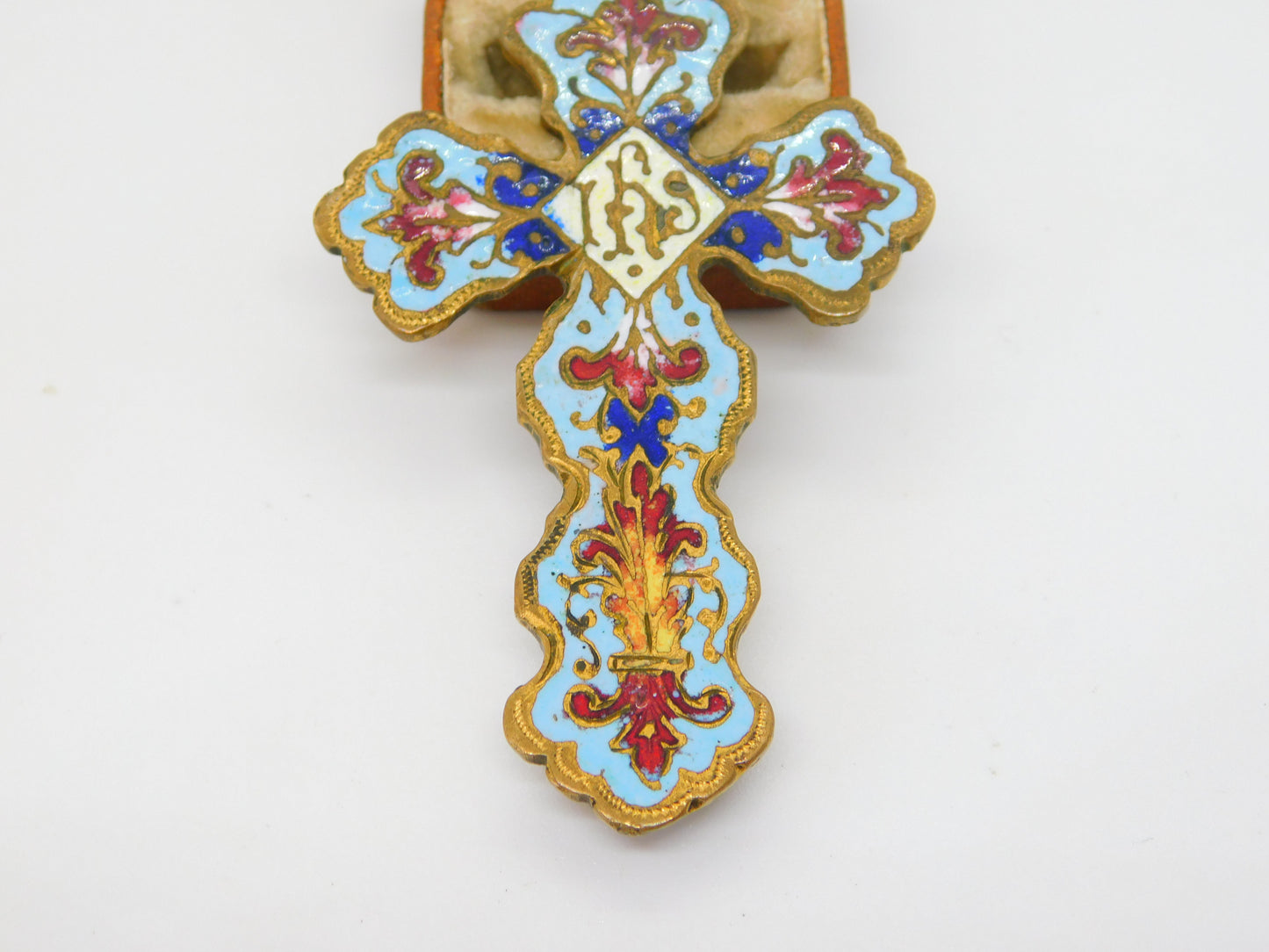 Victorian Gilt Metal Colorful Enamel 'IHS' Religious Cross Finial Antique c1860