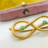 Victorian 15ct Gold & Turquoise Lovers Knot Sweetheart Brooch Antique c1880