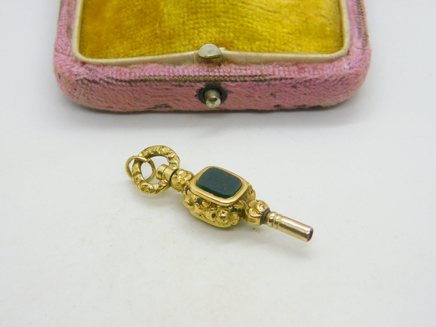 Victorian 9ct Gold Cased Bloodstone & Chalcedony Watch Key Fob Antique c1860