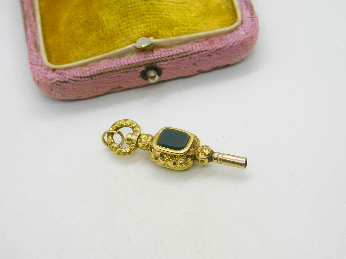 Victorian 9ct Gold Cased Bloodstone & Chalcedony Watch Key Fob Antique c1860