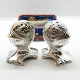 Pair Mappin & Webb Silver Plated Medieval Knight Helmet Salt Shakers Antique