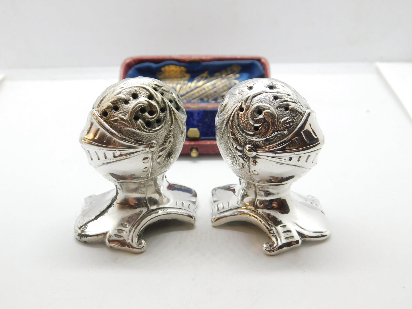 Pair Mappin & Webb Silver Plated Medieval Knight Helmet Salt Shakers Antique