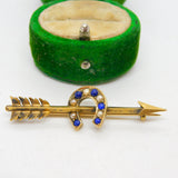 Victorian 18ct Gold, Lapis & Seed Pearl Arrow & Horseshoe Lucky Brooch c1890