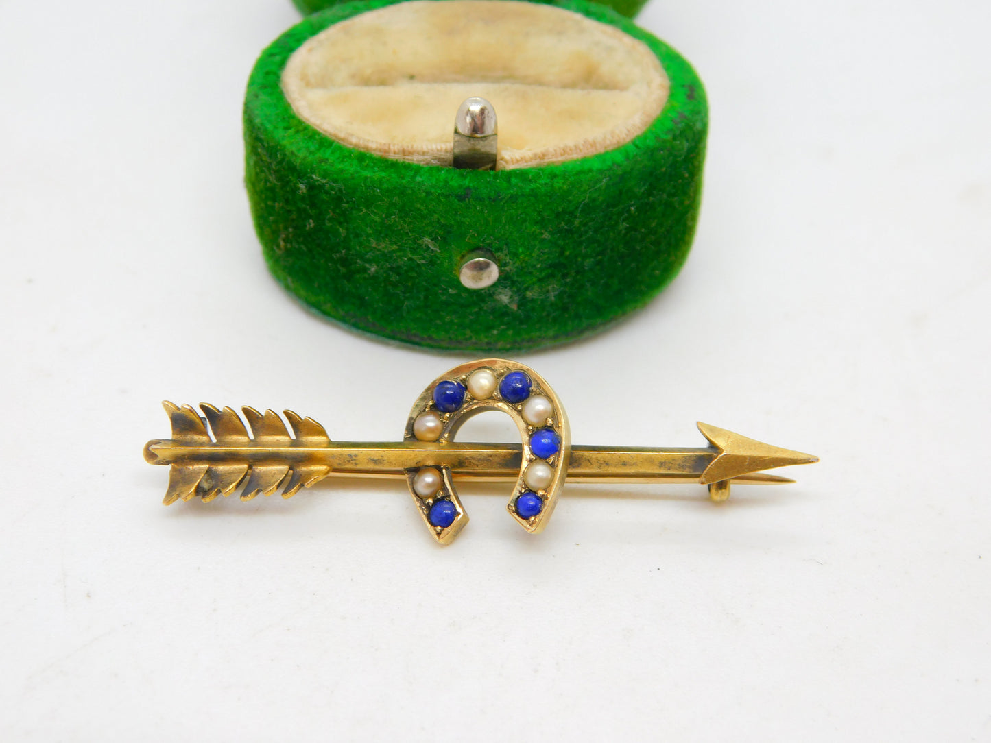 Victorian 18ct Gold, Lapis & Seed Pearl Arrow & Horseshoe Lucky Brooch c1890