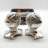 Pair Mappin & Webb Silver Plated Medieval Knight Helmet Salt Shakers Antique
