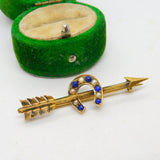 Victorian 18ct Gold, Lapis & Seed Pearl Arrow & Horseshoe Lucky Brooch c1890