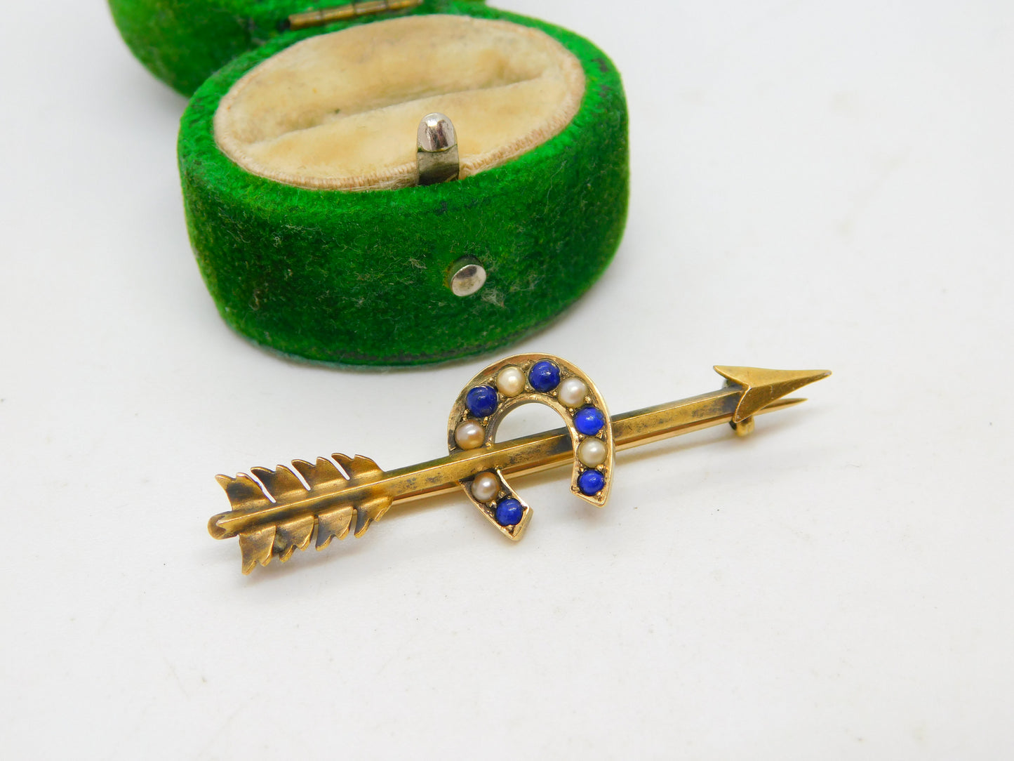 Victorian 18ct Gold, Lapis & Seed Pearl Arrow & Horseshoe Lucky Brooch c1890