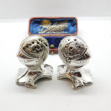 Pair Mappin & Webb Silver Plated Medieval Knight Helmet Salt Shakers Antique