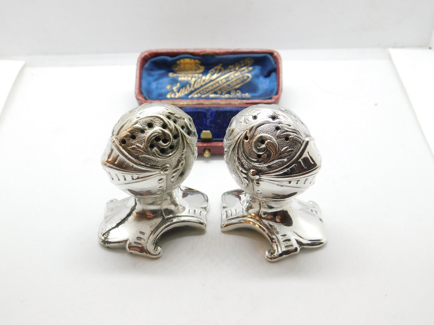 Pair Mappin & Webb Silver Plated Medieval Knight Helmet Salt Shakers Antique