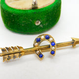 Victorian 18ct Gold, Lapis & Seed Pearl Arrow & Horseshoe Lucky Brooch c1890