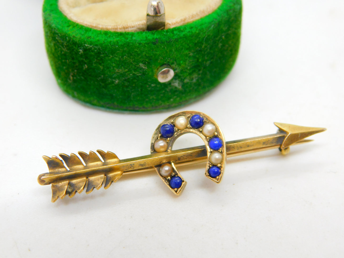 Victorian 18ct Gold, Lapis & Seed Pearl Arrow & Horseshoe Lucky Brooch c1890