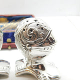 Pair Mappin & Webb Silver Plated Medieval Knight Helmet Salt Shakers Antique