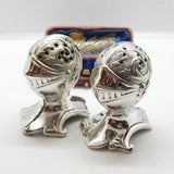 Pair Mappin & Webb Silver Plated Medieval Knight Helmet Salt Shakers Antique