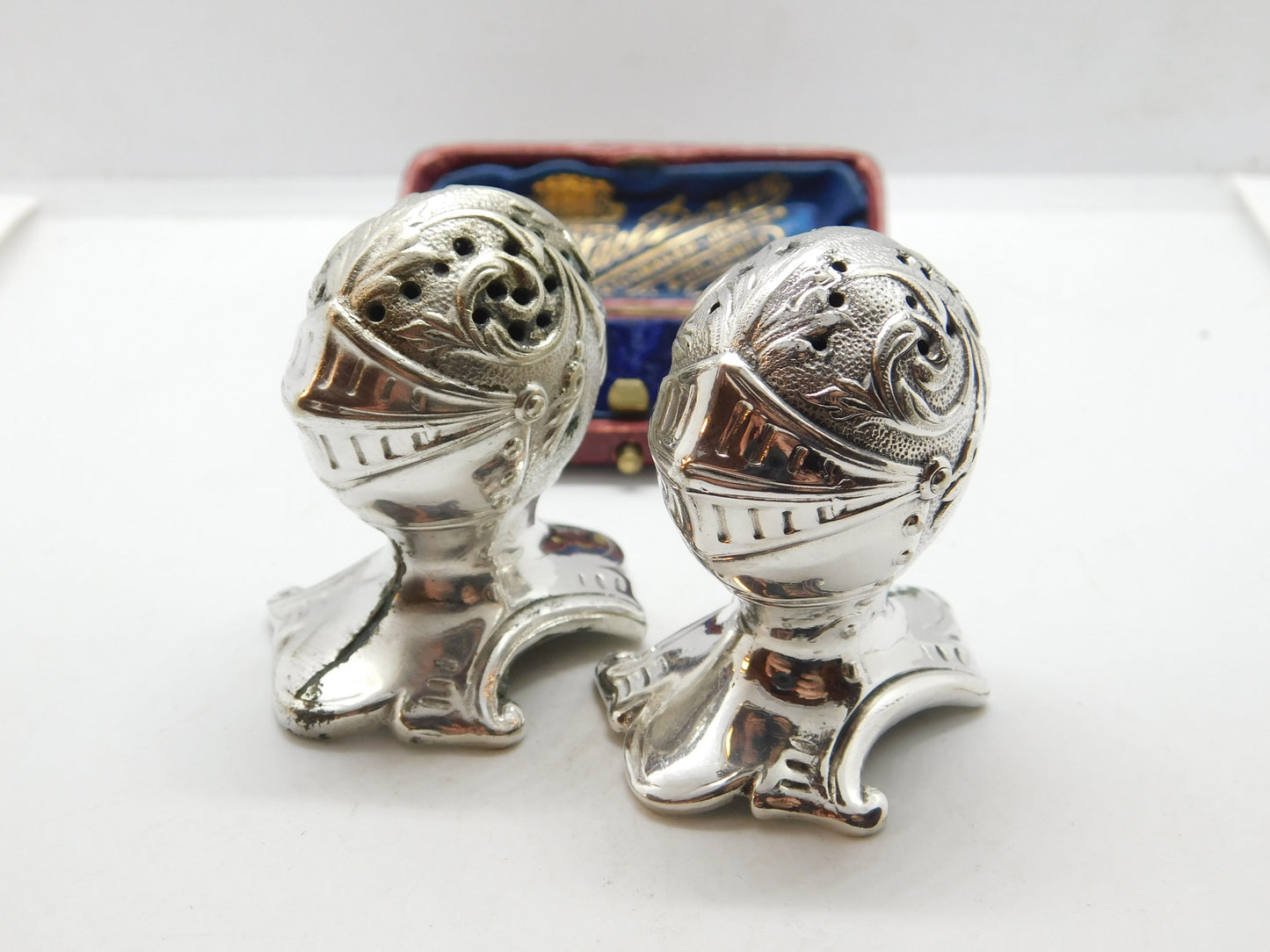 Pair Mappin & Webb Silver Plated Medieval Knight Helmet Salt Shakers Antique