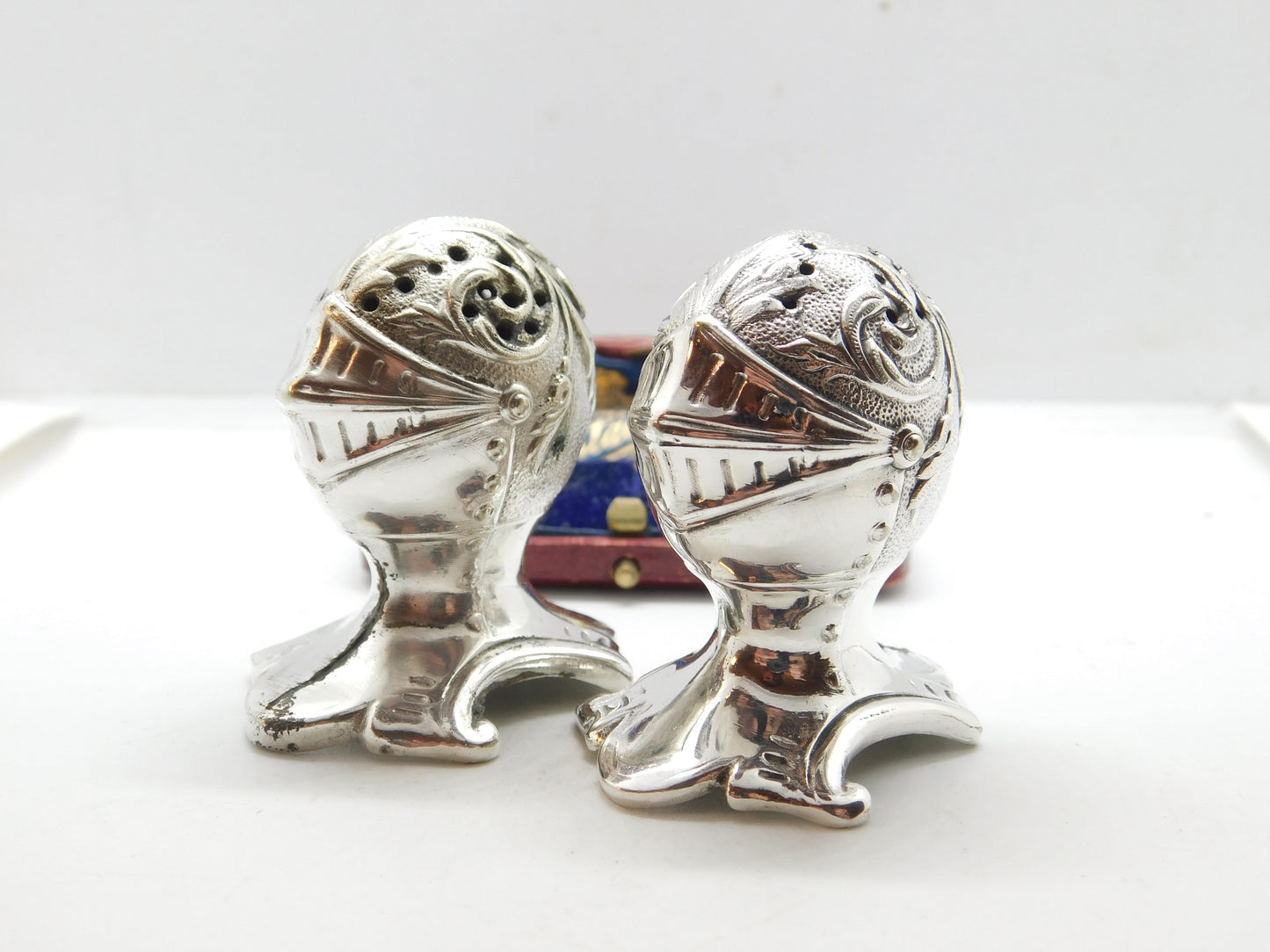 Pair Mappin & Webb Silver Plated Medieval Knight Helmet Salt Shakers Antique