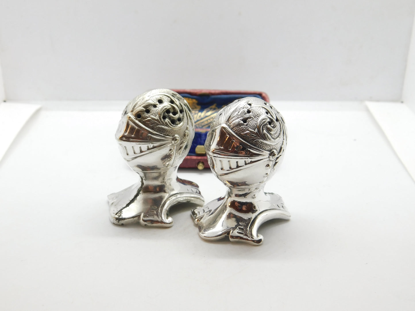 Pair Mappin & Webb Silver Plated Medieval Knight Helmet Salt Shakers Antique